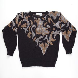 Vintage 80s Cristina's Black Silver & Gold Sweater Size M Shoulder Pads 1980s